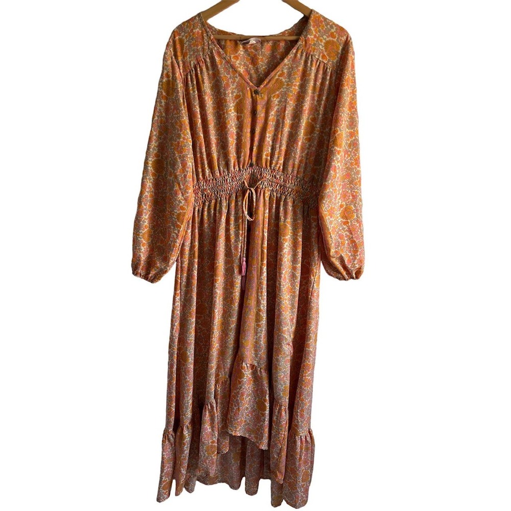 Anthropologie Boemo Size 2X Boho V Neck High Low Ruffle‎ Hem Floral Maxi Dress